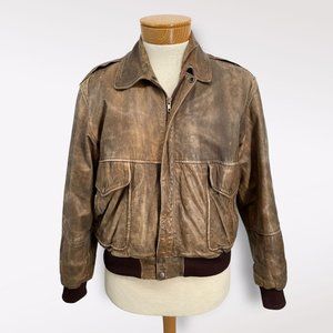 Mens Leather Bomber Jacket / Vintage 1980s 1990s Distressed Brown Flight Aviator